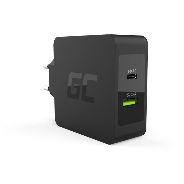 Green Cell CHAR10 Cargador de Pared 45W con 2 Puertos USB-C/USB3.0 QC3.0 y Cable USB-C de 2m, Negro