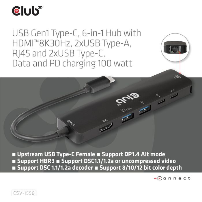 Club3D Hub USB-C 6 en 1 con HDMI 4K120Hz, 2x USB, 2x USB-C y LAN - Carga PD100W 11 Club3D Hub USB-C 6 en 1 con HDMI 4K120Hz, 2x USB, 2x USB-C y LAN - Carga PD100W 11