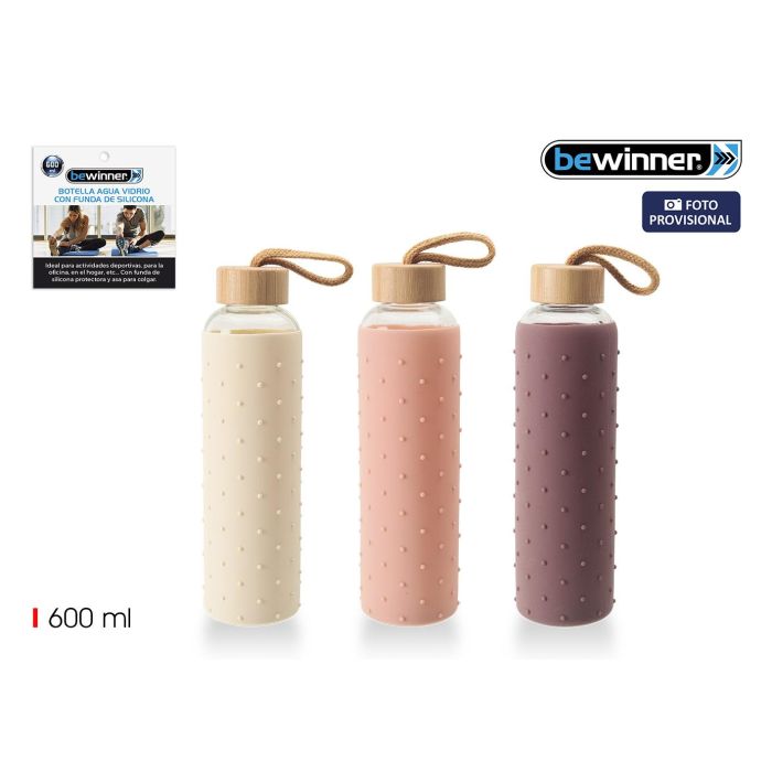 Botella de agua de vidrio y silicona 600 ml - Bewin por Inde (24 Unidades) Botella de agua de vidrio y silicona 600 ml - Bewin por Inde (24 Unidades)