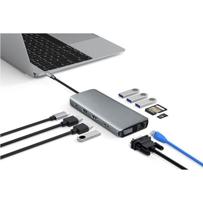 eSTUFF Hub móvil USB-C 12 en 1 triple pantalla para PC y tabletas - Dock multipuerto con HDMI 4K, VGA, PD 100W y Ethernet 1