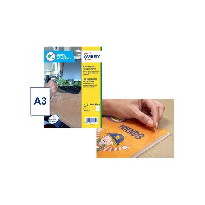 Avery AM001A3 Etiquetas Autoadhesivas Antibacterianas Transparentes, Desmontables, 420x297 mm, 10 Unidades