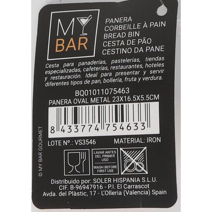 Panera Oval Metal My Bar 23x16.5x5.5 cm (12 Unidades) 7 Panera Oval Metal My Bar 23x16.5x5.5 cm (12 Unidades) 7