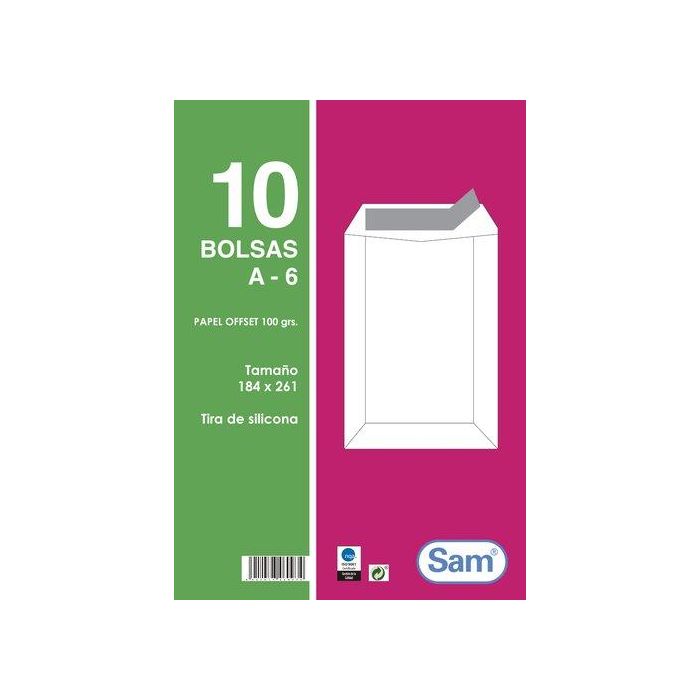 Sam 665103 Paquetes de 10 Bolsas Blancas Papel Offset 100 Grs con Tira de Silicona Tamaño 184x261