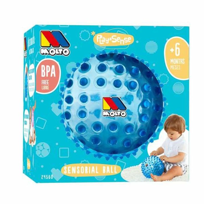 Bola sensorial 20 cm azul. con colores y textura suave para la diversión y aprendizaje de los bebes. 4