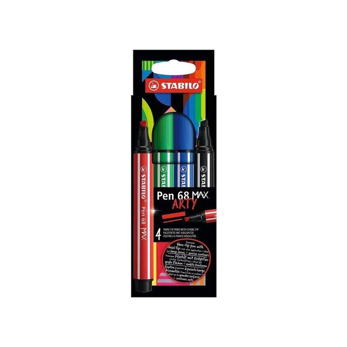 STABILO Estuche Arty con 4 Rotuladores Premium Pen 68 MAX Punta Biselada, Colores Vivos, 768/04-21