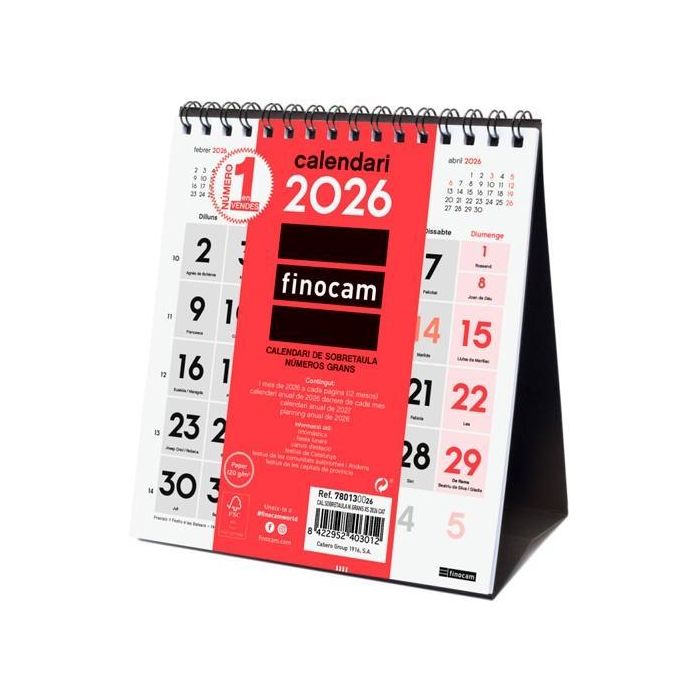 Finocam XS-140x150 mm Mv Neutro Calendario de Sobremesa 2026 con Números Grandes y Anualidad Catalán