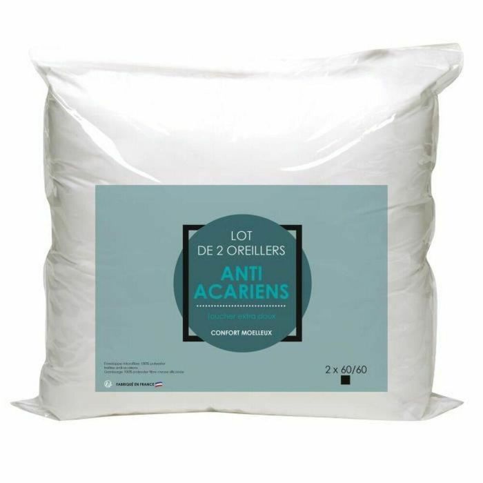Juego de 2 Almohadas Microfibra Antiácaros 60x60cm - Relleno 100% Poliéster Silicona Hueca 500g - Fabricación Francesa Juego de 2 Almohadas Microfibra Antiácaros 60x60cm - Relleno 100% Poliéster Silicona Hueca 500g - Fabricación Francesa