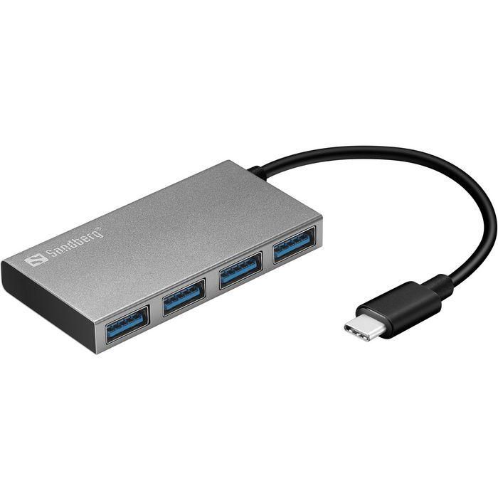 Sandberg USB-C a 4 Puertos USB 3.0 Pocket Hub para Ordenador Portátil - Expansor de Puerto USB Tipo C - Conecta Disco Duro Externo, Impresora y Ratón Simultáneamente