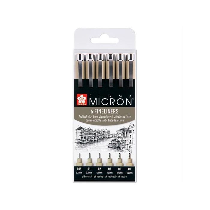 Talens Sakura Pigma Micron Rotuladores Fineliner Estuche 6 Negro Puntas 0.05-0.50mm Tinta Permanente Resistente Agua