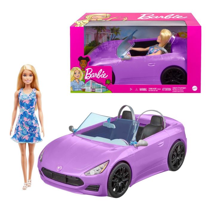 Barbie Hby29 Muñeca con Coche Descapotable Deportivo Morado, 2 Asientos y Detalles Realistas, para Niñas +3 Años
