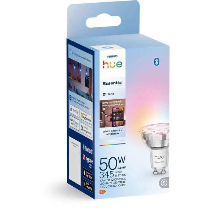 Philips Hue Foco LED GU10 Conectado, Luz Blanca y de Color, 4.7W, 345 Lúmenes, Blanco Cálido/Frío 2200-6500K - AABUO37086
