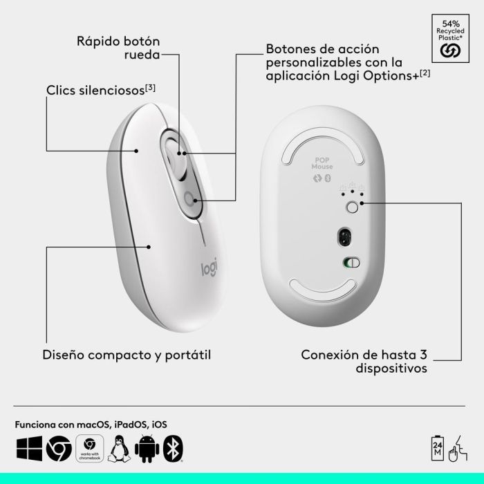 Logitech Pop Mouse Inalámbrico Bluetooth, 1000-4000 DPI, Personalizable, Blanco 5 Logitech Pop Mouse Inalámbrico Bluetooth, 1000-4000 DPI, Personalizable, Blanco 5
