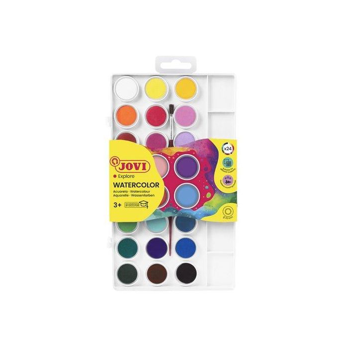 Jovi Acuarelas en Pastillas 22 mm, Colores Surtidos, Estuche 24 Unidades con Pincel