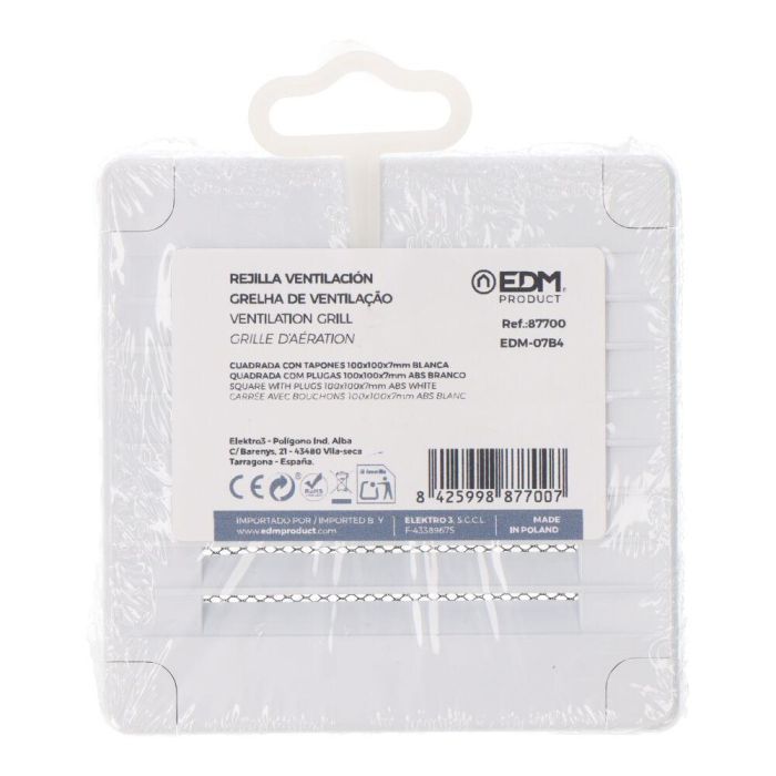 Edm Rejilla ventilación cuadrada con tapones y mosquitera 100x100x7mm ABS Blanca 2 Edm Rejilla ventilación cuadrada con tapones y mosquitera 100x100x7mm ABS Blanca 2