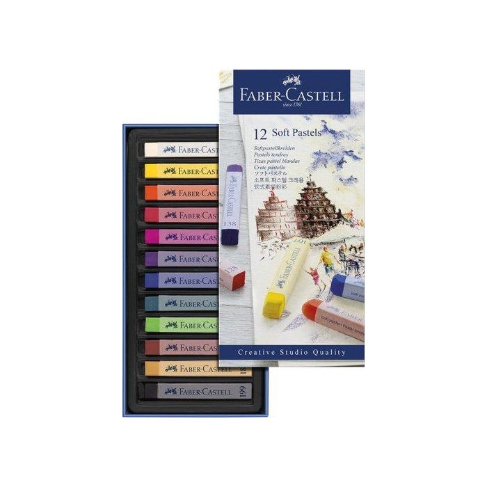 Faber-Castell Tiza pastel blanda estuche cartón 12 unidades colores surtidos, textura suave y sedosa, difuminables en tela y papel