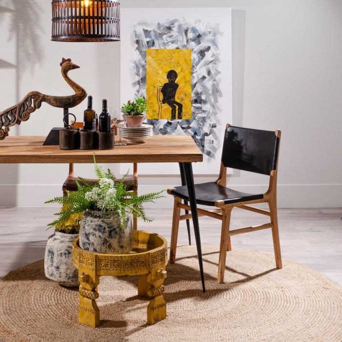 Silla Negro Madera Teca-Piel Salón 50 X 52 X 83 cm