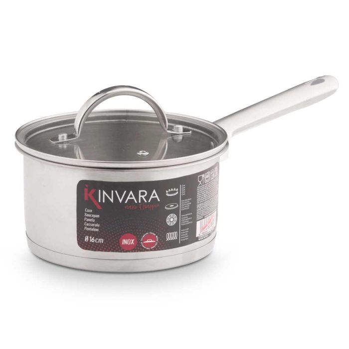 Cazo Inducción Kinvara 16 cm con Tapa de Cristal, Acero Inoxidable, 1L (8 Unidades) 2 Cazo Inducción Kinvara 16 cm con Tapa de Cristal, Acero Inoxidable, 1L (8 Unidades) 2