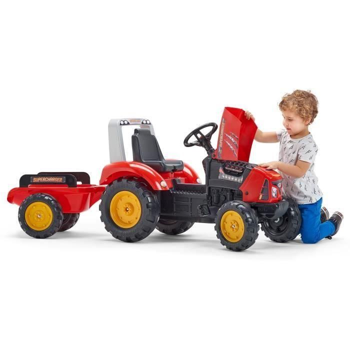 FALK - Tractor de pedal rojo sobrealimentador con capó de apertura y remolque incluido 2