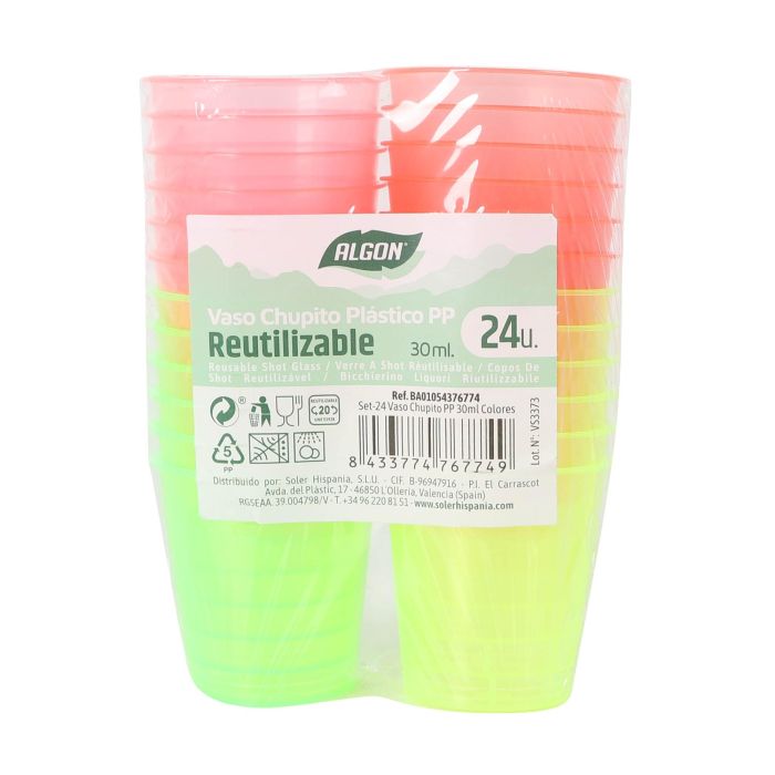 Algon Set 24 Vasos Chupito PP 30 ml Colores 4 cm ø (24 Unidades)