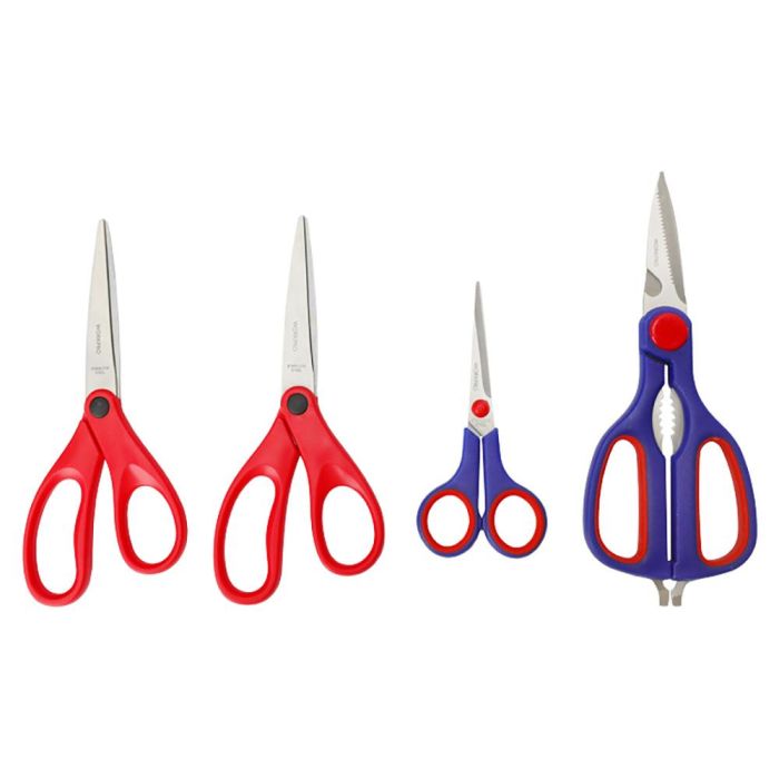 Workpro Juego de 4 tijeras de acero inoxidable, filo multipropósito, agarre moldeado, azul y rojo 5