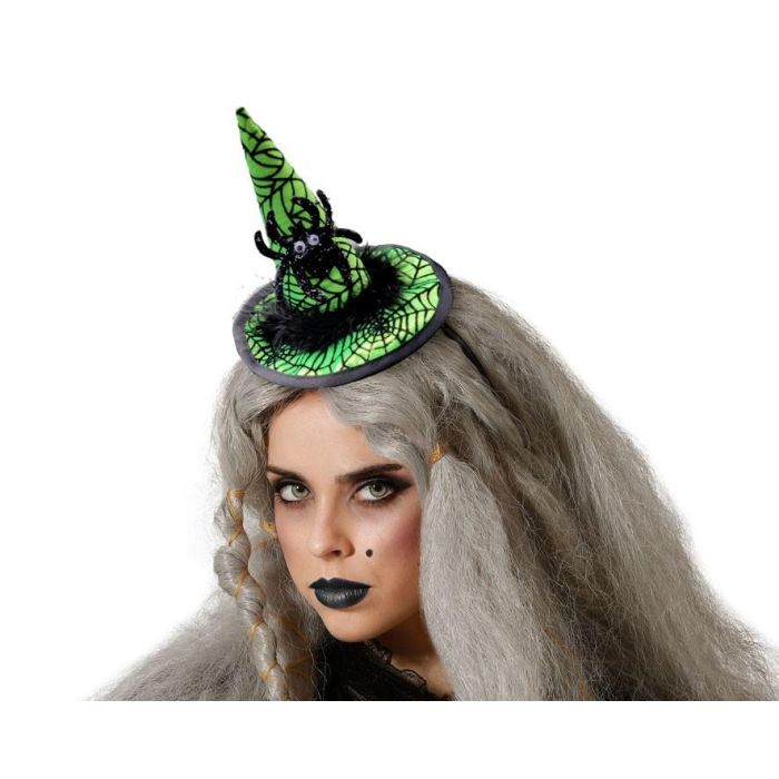 Diadema Sombrero Bruja Verde con Telaraña para Disfraz de Halloween o Carnaval