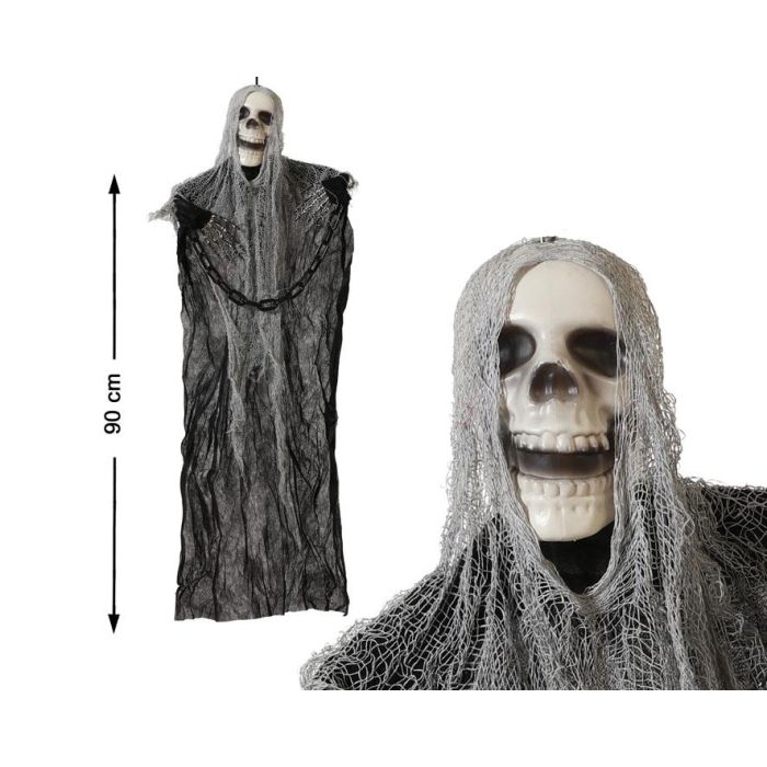 Disfraz Esqueleto Halloween con Capa Negra y Cabello Gris – 90 cm