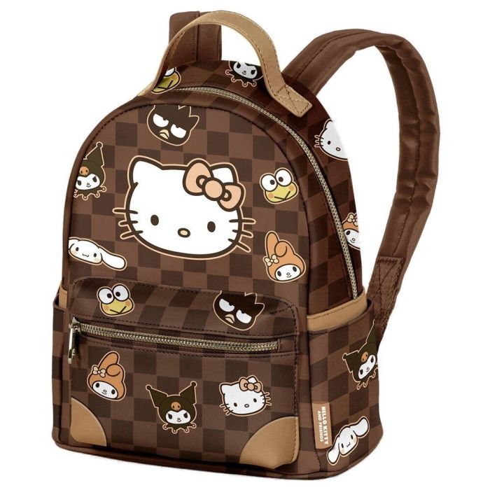 Hello Kitty Mochila Urbana Pequeña Squares Marrón PVC con Bolsillos Laterales 25x22x15cm