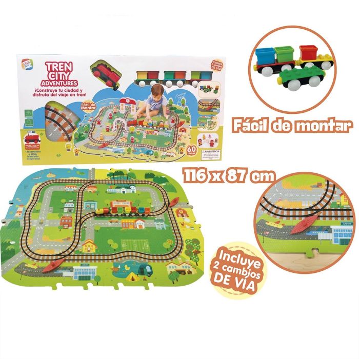 Cefa Alfombra de foam Tren City Adventures con circuito, tren a batería, accesorios y 59 piezas para +3 años