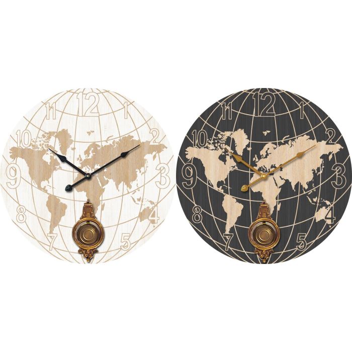 DKD Home Decor Reloj de Pared Vintage Mapamundi, Beige y Negro, de MDF y Metal, 8x58x58 cm, Pack de 2 Unidades