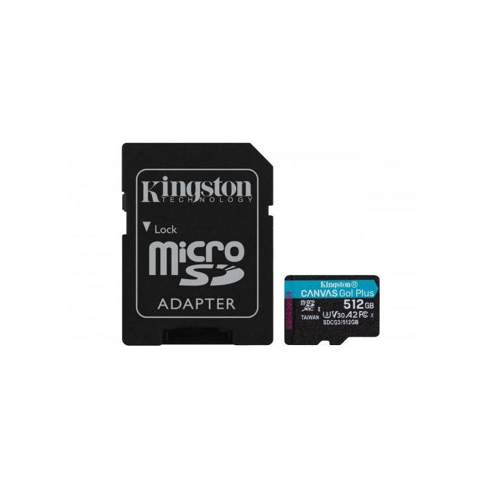 Kingston SDCG3/512GB Tarjeta Memoria CANVAS Go! Plus 512GB microSD 170MB/s U3 V30 A2 4K UHD Adaptador para Cámaras Acción, Drones, Android Kingston SDCG3/512GB Tarjeta Memoria CANVAS Go! Plus 512GB microSD 170MB/s U3 V30 A2 4K UHD Adaptador para Cámaras Acción, Drones, Android
