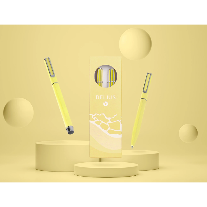 Belius Endless Summer Juego Boligrafo y Roller, Aluminio Amarillo y Plateado, Tinta Azul, Caja de Diseño 1