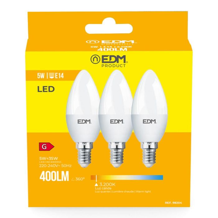 Kit 3 bombillas vela led e14 5w 400lm 3200k luz calida ø3,6x10cm edm 1