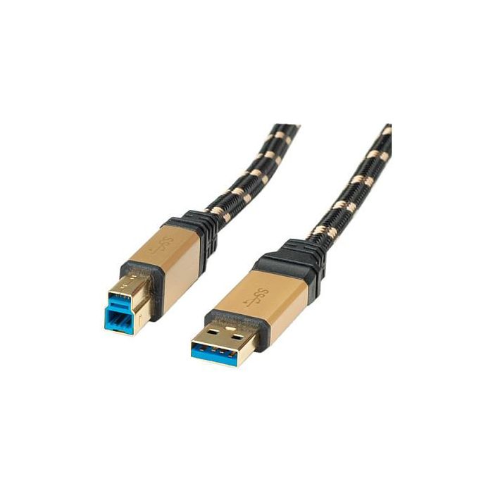 ROLINE Cable USB 3.2 Gen 1 (3.1 Gen 1) A a B, 5 Gbit/s, 1.8 m, Conectores Macho Chapados en Oro, Negro - 11.02.8902