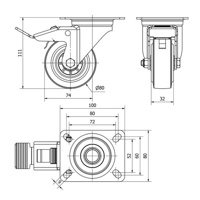 Ruedas Alex Rueda giratoria de goma con placa y freno, ø 8 cm, Azul, Carga máx. 80 kg