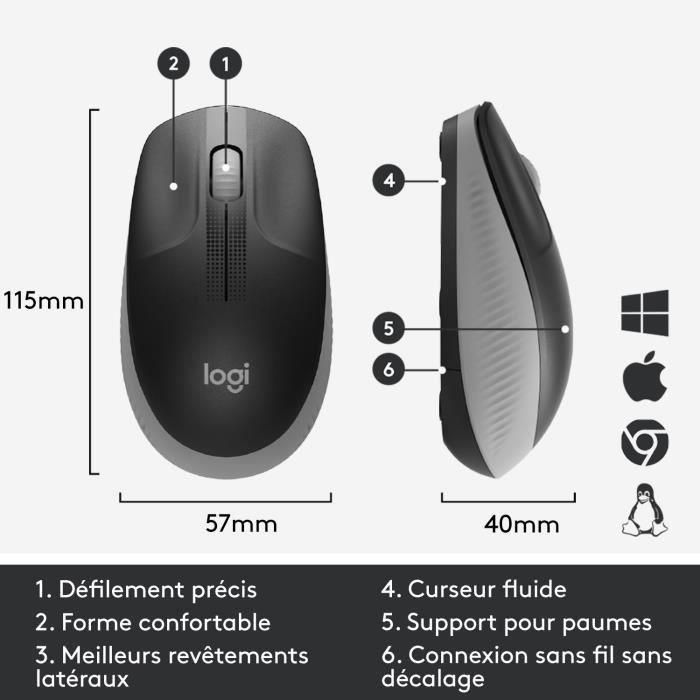 Logitech Ratón M190 Inalámbrico 1000Ppp Ambidiestro 3 Botones Negro-Gris Claro 4