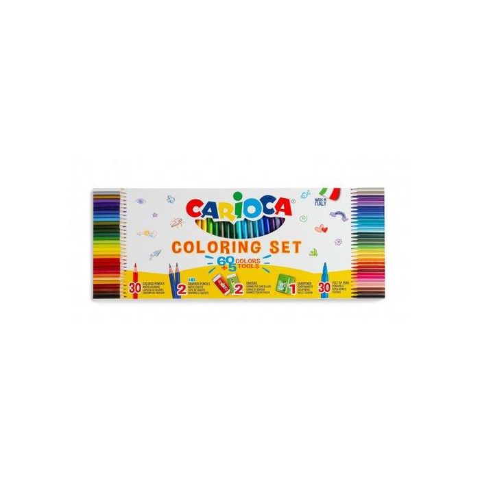 Set Carioca Coloring 65 Piezas (30 Rotuladores, 30 Lapices De Colores, 2 Lapices Hb, 2 Gomas De Borrar Y 1 Afilalapiz)