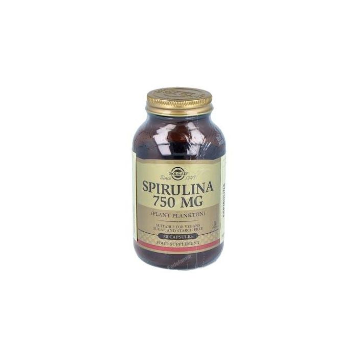SOLGAR Spirulina Vegetarian 750Mg. 80Cap. Coadyuvante en dietas de control para un peso saludable. Apto para veganos.