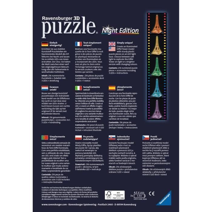 Ravensburger 3D Puzzle Torre Eiffel Night Edition 216 piezas, construcción sin pegamento, para niños y niñas de +10 años 4