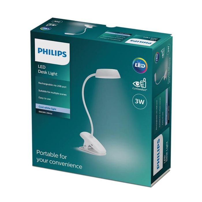 Philips Flexo Pinza LED 3W 4000K Blanco con Batería de Litio 1200 mAh y Cable USB 3
