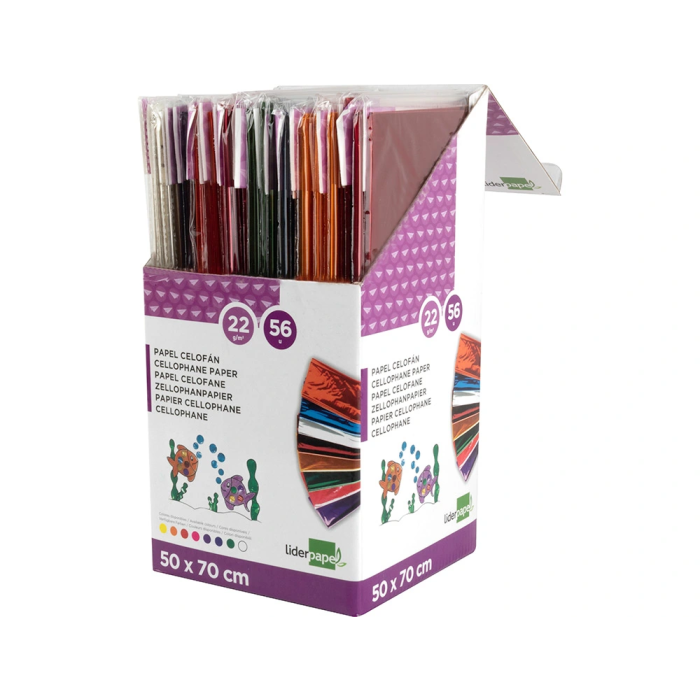 Liderpapel Papel Celofan 50x70 cm Expositor 56 Bolsas 8 Colores Surtidos 1
