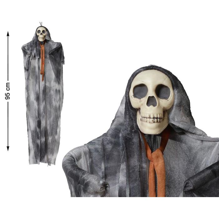 Esqueleto Colgante Con Túnica Gris Y Capucha 95 cm Decoración Halloween