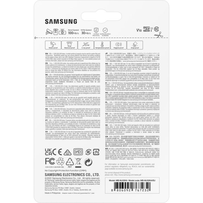 Samsung MB-MJ32KA/EU 32 GB MicroSDXC UHS-I Clase 10, V10, U1, Lectura 100 MB/s, Escritura 30 MB/s 8 Samsung MB-MJ32KA/EU 32 GB MicroSDXC UHS-I Clase 10, V10, U1, Lectura 100 MB/s, Escritura 30 MB/s 8