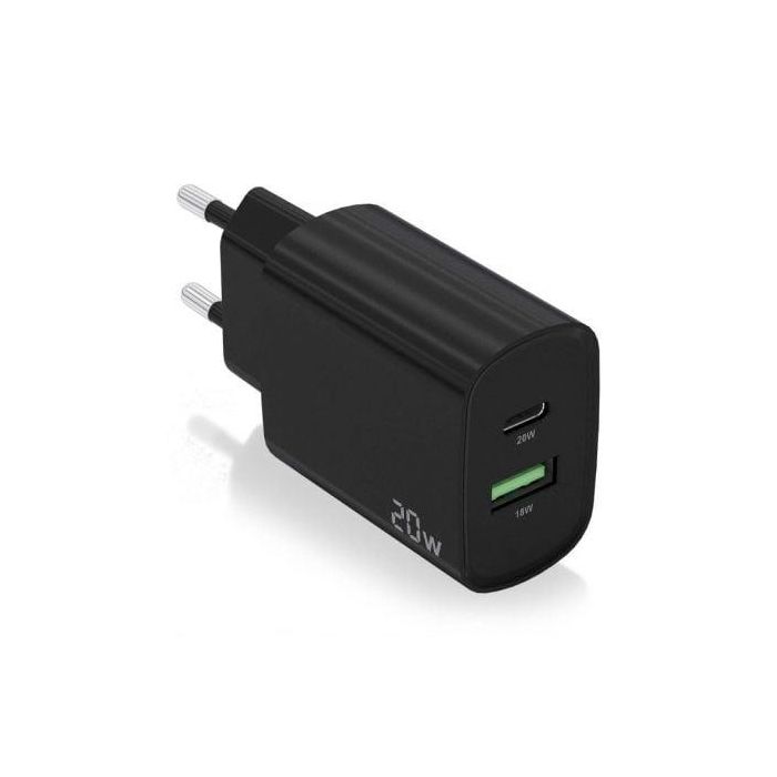 AISENS - CARGADOR 20W, 1xUSB-C PD3.0, 1xUSB-A QC3.0, NEGRO