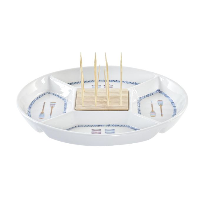 DKD Home Decor Fuente Decorativa para Aperitivo Mediterráneo Colección Salitre Gres y Bambú Azul Natural 23.5x23.5x7 cm