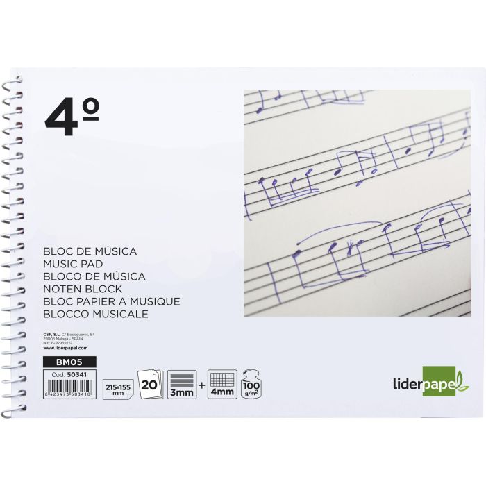 Bloc Musica Liderpapel Combi Pentagrama 3 mm Mas Cuadricula De 4 mm Para Anotaciones Cuarto20 Hojas 100 gr-M2 1