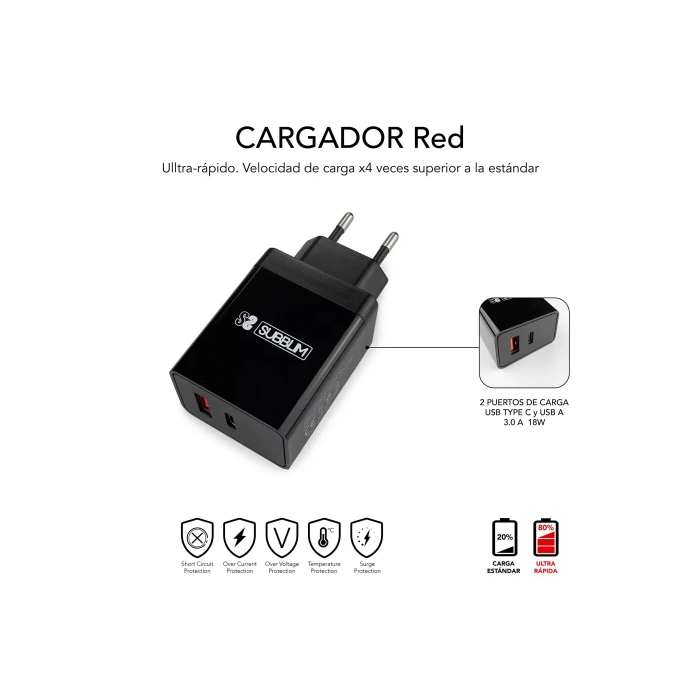 SUBBLIM CARGADOR ULTRA RAPIDO 2xUSB DE PARED PD25W+QC3.0+Cable C to C y lightning Negro 2 SUBBLIM CARGADOR ULTRA RAPIDO 2xUSB DE PARED PD25W+QC3.0+Cable C to C y lightning Negro 2