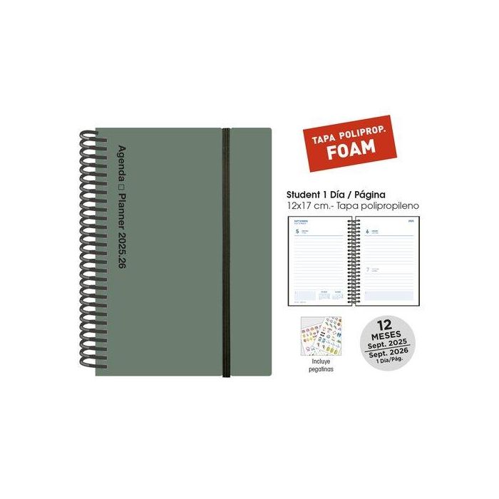 Agenda Escolar (2025-26) Senfort Student Foam Espiral Tapa Pp Con Goma 120X170 D/P Verde