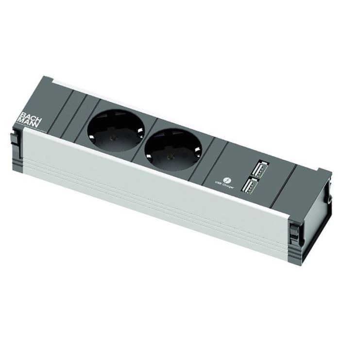 Bachmann CONI Módulo Regleta Conexión Mesa Empotrable Basculante 2 Enchufes + 2 USB Aluminio Cable 10cm 230V
