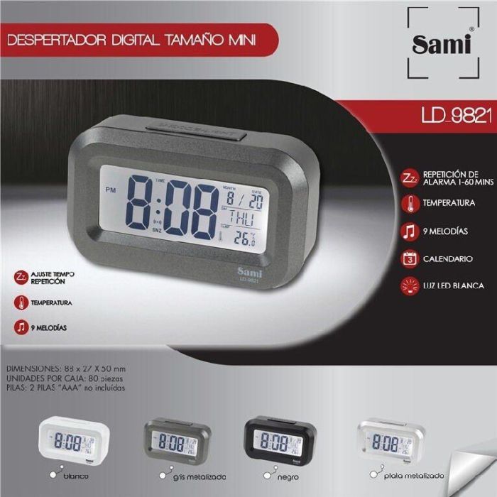 SAMI Despertador LCD Mini con Luz LED, Termómetro y 9 Melodías, Blanco