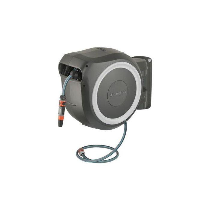 Gardena Enrollador de manguera automático de pared RollUp M/L 25 m x 13 mm con sistema antibloqueo, giro 180° y kit listo para usar, borde blanco